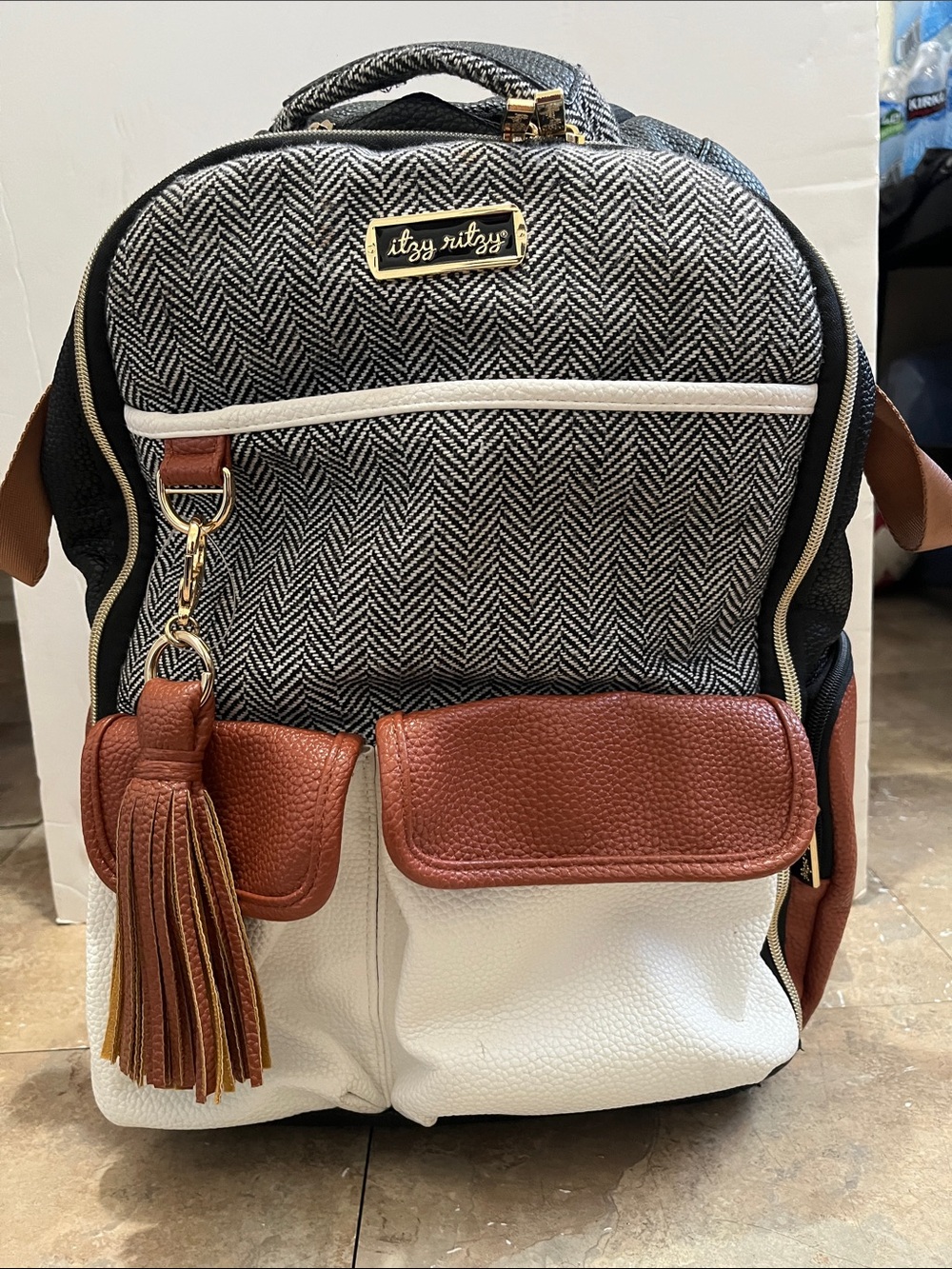 Itzy Ritzy Black Herringbone, White & Brown Diaper Backpack